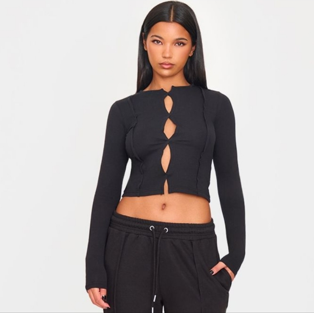 PLT Black Cotton Cut Out Seam Detail Fitted Long Sleeve PrettyLittleThing XL NWT